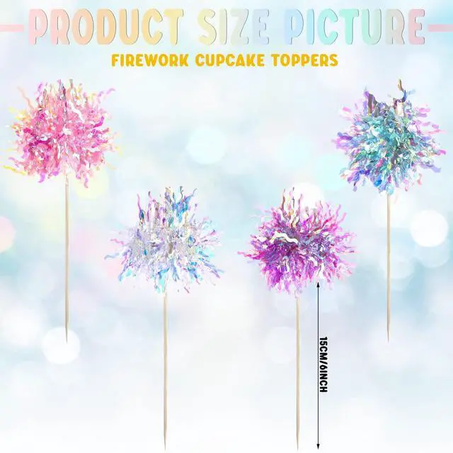 Alt view image 2 of 7 - 120 Pcs Firework Cupcake Toppers Foil Frill Toothpicks Cake Decorations Sparkle Tinsel Cupcake Toppers Cocktail Picks Firework Par