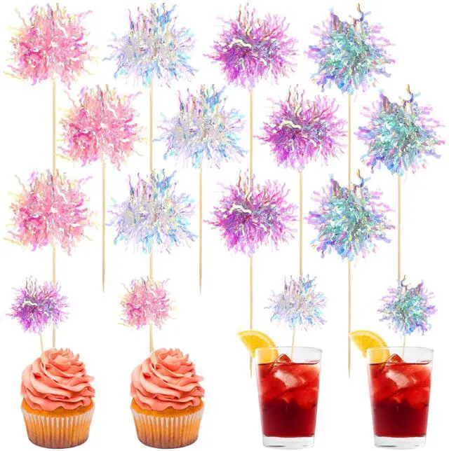 Alt view image 4 of 7 - 120 Pcs Firework Cupcake Toppers Foil Frill Toothpicks Cake Decorations Sparkle Tinsel Cupcake Toppers Cocktail Picks Firework Par