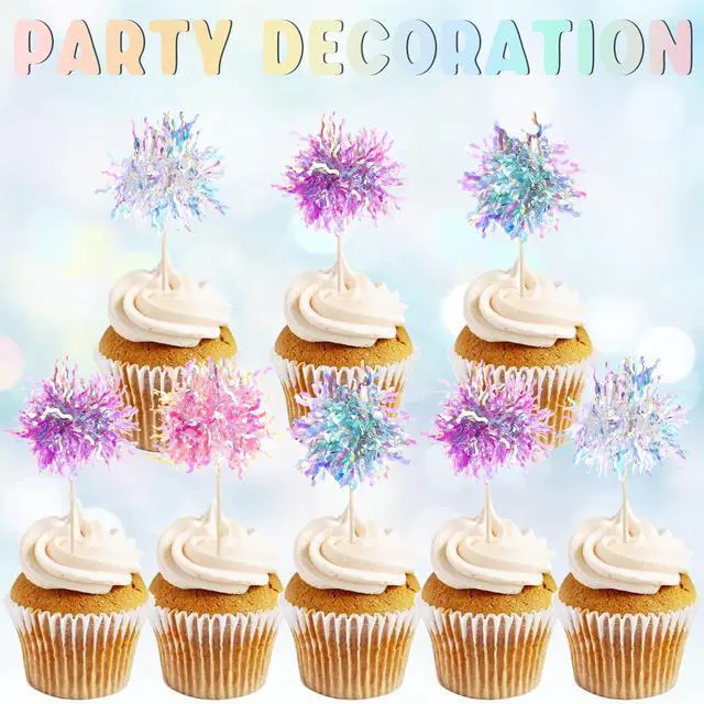 Alt view image 3 of 7 - 120 Pcs Firework Cupcake Toppers Foil Frill Toothpicks Cake Decorations Sparkle Tinsel Cupcake Toppers Cocktail Picks Firework Par
