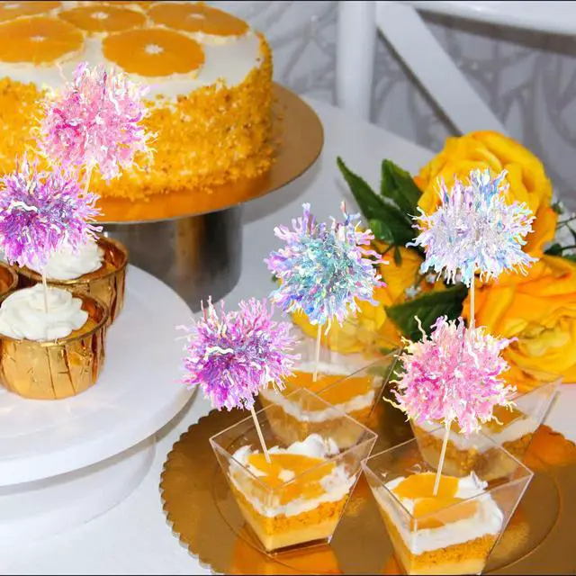 Alt view image 5 of 7 - 120 Pcs Firework Cupcake Toppers Foil Frill Toothpicks Cake Decorations Sparkle Tinsel Cupcake Toppers Cocktail Picks Firework Par
