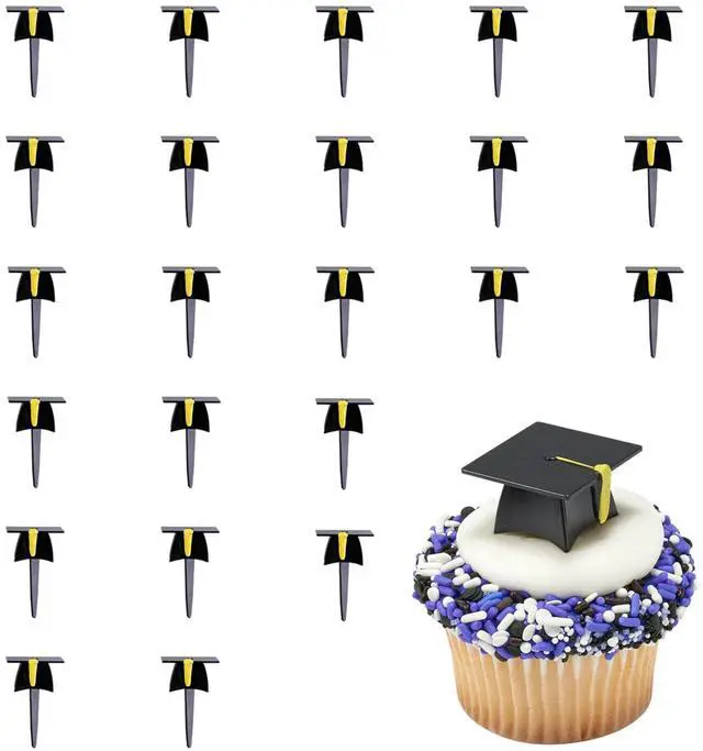 Main image of Grad Hat Cupcake Toppers, 24 Graduation Cake Pics, Black Grad Hat DecoPics, Food Safe Cake Decorations - 24 Pack