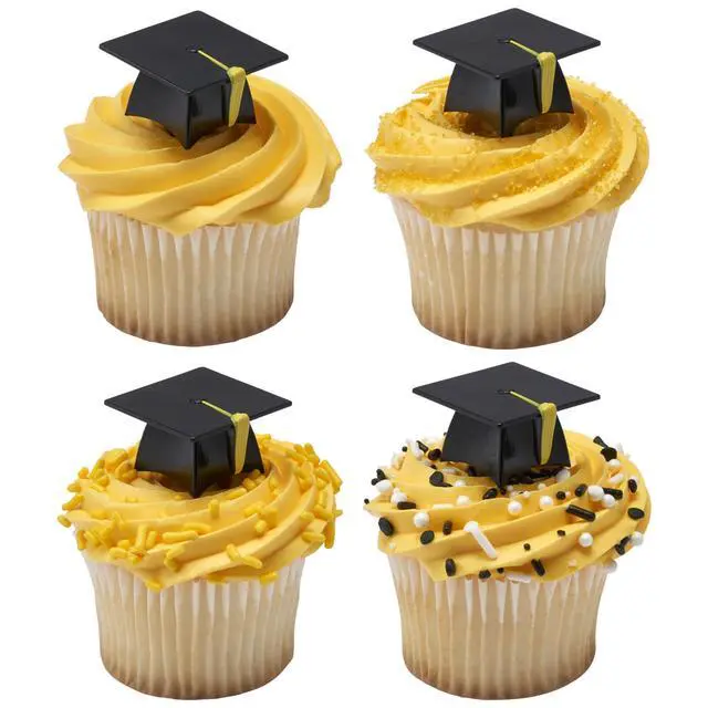 Alt view image 7 of 7 - Grad Hat Cupcake Toppers, 24 Graduation Cake Pics, Black Grad Hat DecoPics, Food Safe Cake Decorations - 24 Pack