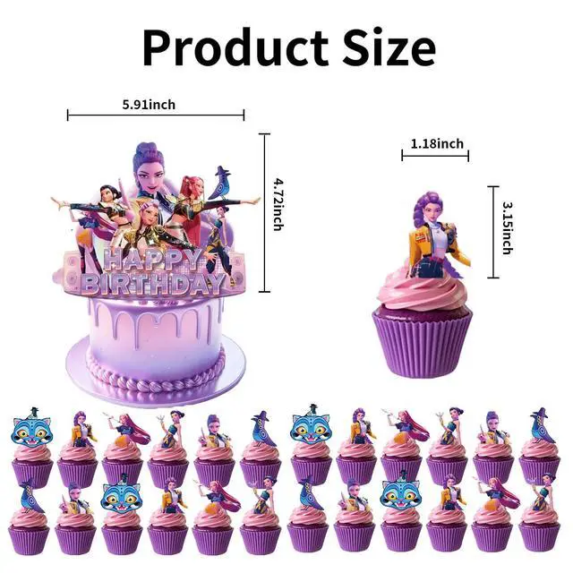Alt view image 2 of 5 - 25 Pcs Anime Cake Decorations, Cute Happy Birthday Cake Toppers, You Will Receive 1 Cake Topper and 24 Cupcake Decorations.