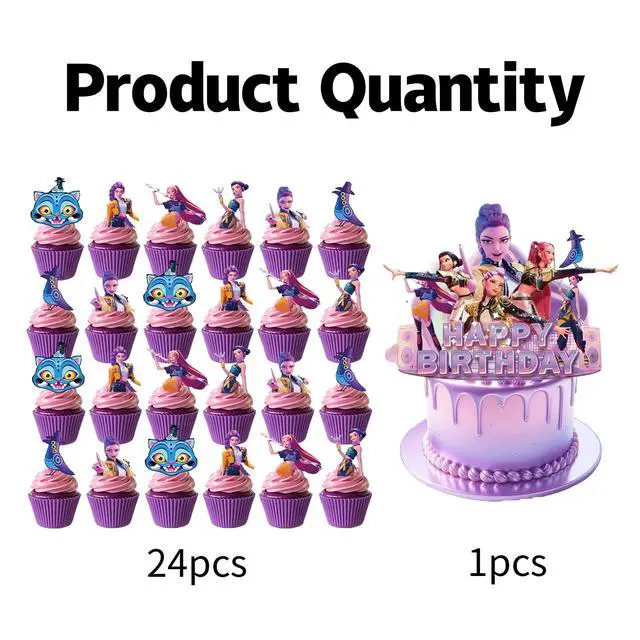 Alt view image 3 of 5 - 25 Pcs Anime Cake Decorations, Cute Happy Birthday Cake Toppers, You Will Receive 1 Cake Topper and 24 Cupcake Decorations.