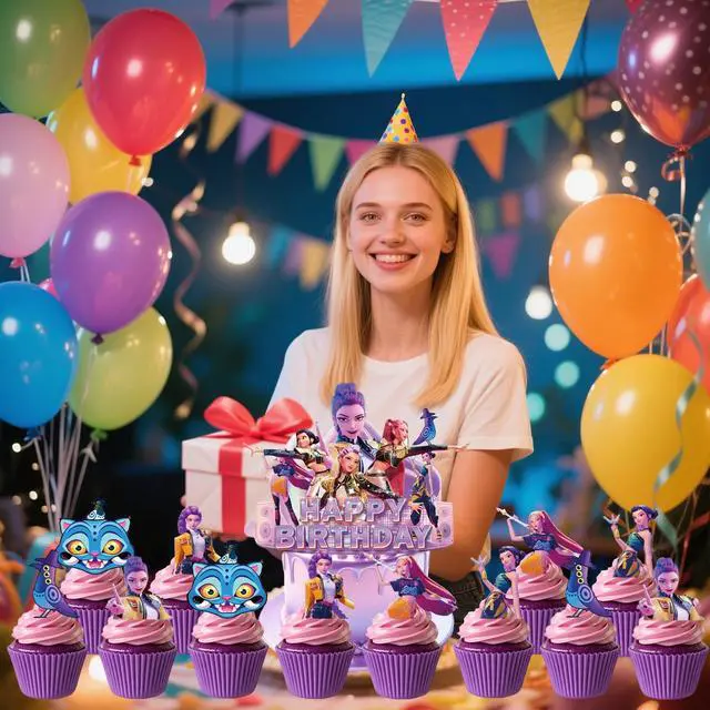 Alt view image 4 of 5 - 25 Pcs Anime Cake Decorations, Cute Happy Birthday Cake Toppers, You Will Receive 1 Cake Topper and 24 Cupcake Decorations.