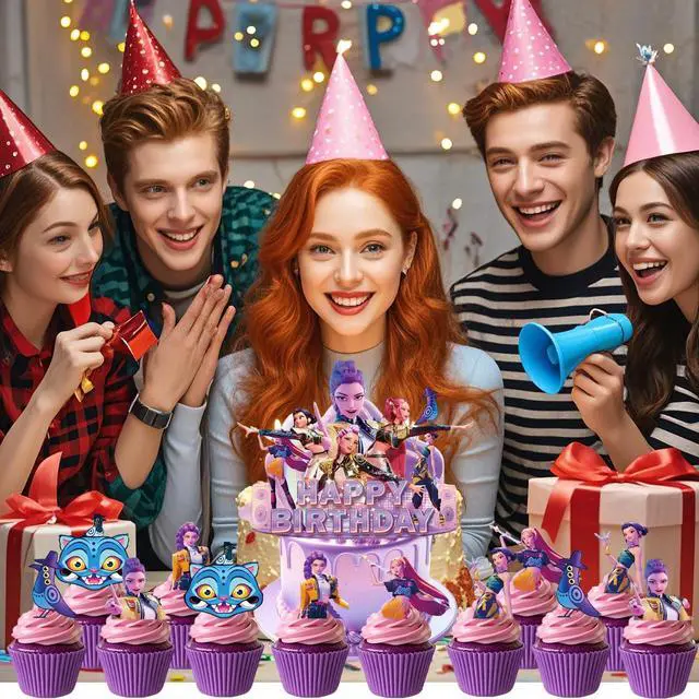 Alt view image 5 of 5 - 25 Pcs Anime Cake Decorations, Cute Happy Birthday Cake Toppers, You Will Receive 1 Cake Topper and 24 Cupcake Decorations.