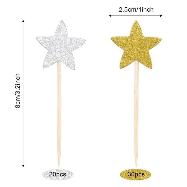 Alt view image 2 of 7 - 50 Pcs Star Cupcake Toppers Glitter Twinkle Star Cupcake Picks for Wedding Baby Shower Birthday Party(Gold,Silver)