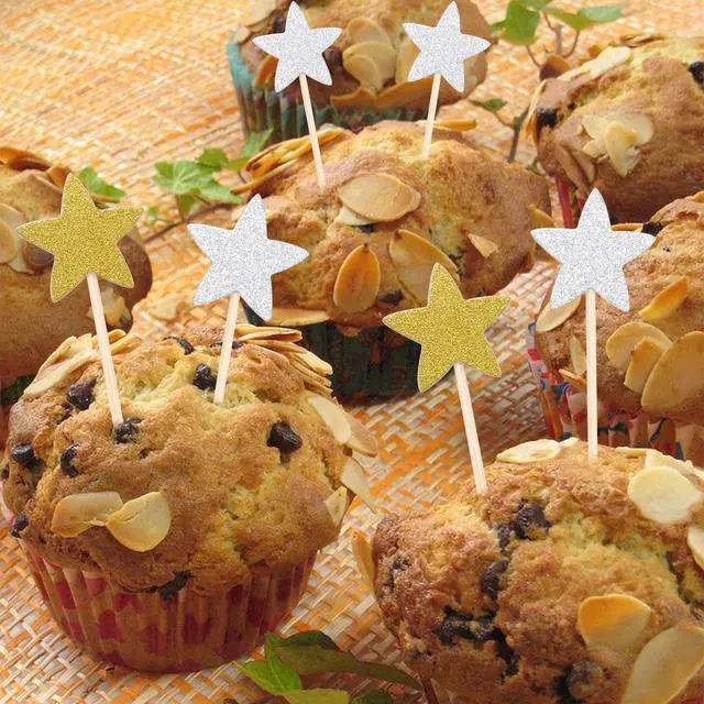 Alt view image 5 of 7 - 50 Pcs Star Cupcake Toppers Glitter Twinkle Star Cupcake Picks for Wedding Baby Shower Birthday Party(Gold,Silver)