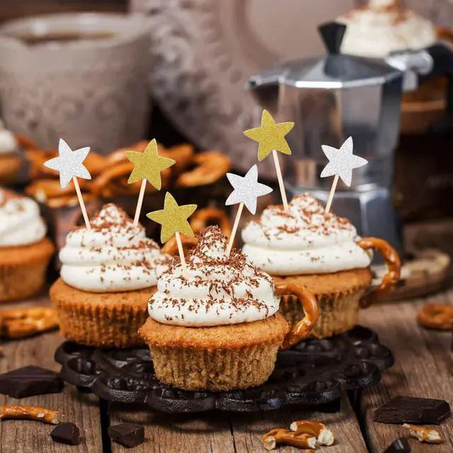 Alt view image 6 of 7 - 50 Pcs Star Cupcake Toppers Glitter Twinkle Star Cupcake Picks for Wedding Baby Shower Birthday Party(Gold,Silver)
