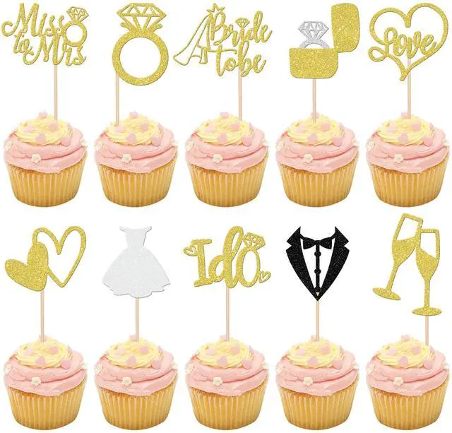 Main image of 30 PCS Bride to Be Cupcake Toppers Glitter Wedding Cupcake Toppers I Do Love Heart Ring Miss to Mrs Cupcake Picks for Bridal Shower Wedding Engagement Party Cake Decorations Supplies Gold