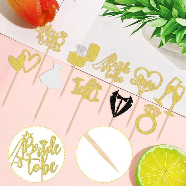 Alt view image 3 of 7 - 30 PCS Bride to Be Cupcake Toppers Glitter Wedding Cupcake Toppers I Do Love Heart Ring Miss to Mrs Cupcake Picks for Bridal Shower Wedding Engagement Party Cake Decorations Supplies Gold