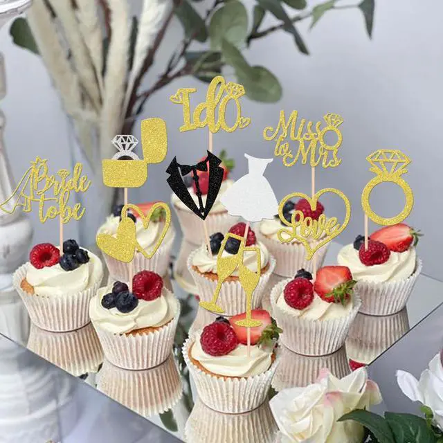 Alt view image 4 of 7 - 30 PCS Bride to Be Cupcake Toppers Glitter Wedding Cupcake Toppers I Do Love Heart Ring Miss to Mrs Cupcake Picks for Bridal Shower Wedding Engagement Party Cake Decorations Supplies Gold