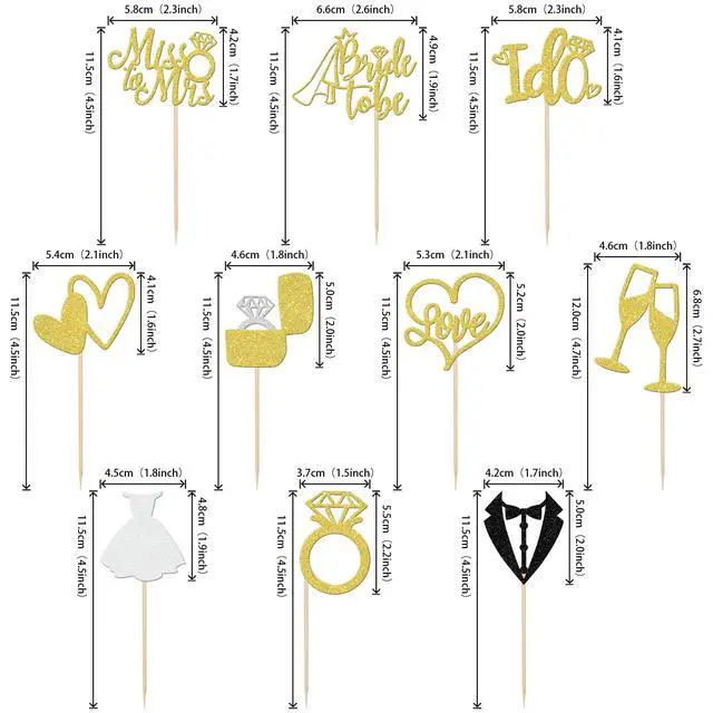 Alt view image 2 of 7 - 30 PCS Bride to Be Cupcake Toppers Glitter Wedding Cupcake Toppers I Do Love Heart Ring Miss to Mrs Cupcake Picks for Bridal Shower Wedding Engagement Party Cake Decorations Supplies Gold