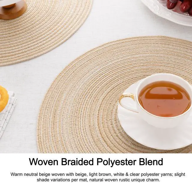 Alt view image 2 of 2 - 15 inch Round Placemats Set of 6, Cotton Polyester Woven Braided Place Mats, Washable Heat Resistant Circle Table Mats for Dining Table (Beige, 6)