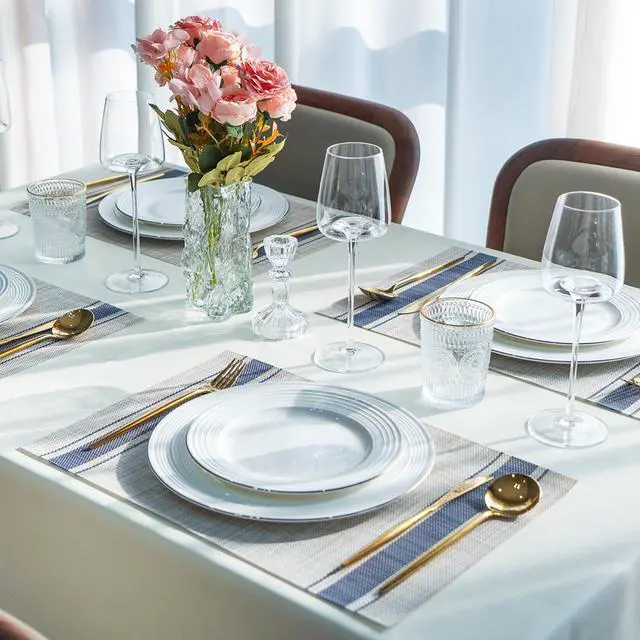 Alt view image 6 of 7 - Placemats Set of 4 Vinyl/Plastic Woven Place Mats for Kitchen Table Indoor/Outdoor Washable Placemat Wipeable Dining Table Mats (Khaki Blue,4)