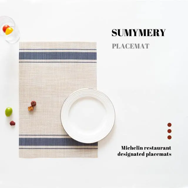 Alt view image 5 of 7 - Placemats Set of 4 Vinyl/Plastic Woven Place Mats for Kitchen Table Indoor/Outdoor Washable Placemat Wipeable Dining Table Mats (Khaki Blue,4)