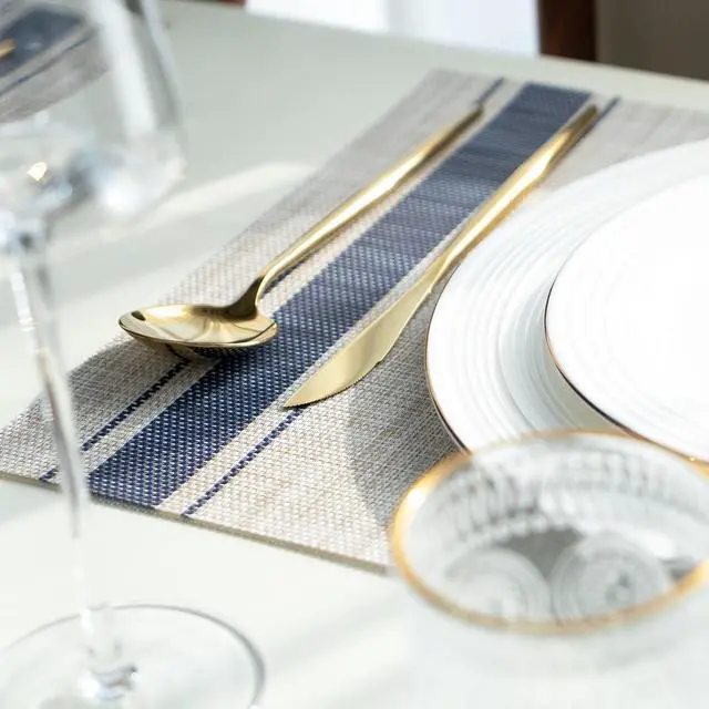 Alt view image 7 of 7 - Placemats Set of 4 Vinyl/Plastic Woven Place Mats for Kitchen Table Indoor/Outdoor Washable Placemat Wipeable Dining Table Mats (Khaki Blue,4)