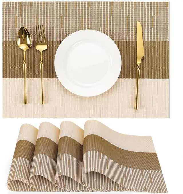 Main image of Placemats Set of 4, Vinyl Woven Heat-Resistant Place Mats | Washable Wipeable PVC Table Mats, Non Slip Placemat for Kitchen Dining Indoor Outdoor Table (Beige Light Brown, Set of 4)