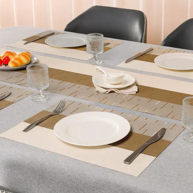 Alt view image 3 of 7 - Placemats Set of 4, Vinyl Woven Heat-Resistant Place Mats | Washable Wipeable PVC Table Mats, Non Slip Placemat for Kitchen Dining Indoor Outdoor Table (Beige Light Brown, Set of 4)