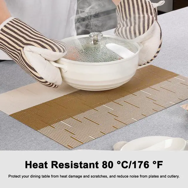 Alt view image 5 of 7 - Placemats Set of 4, Vinyl Woven Heat-Resistant Place Mats | Washable Wipeable PVC Table Mats, Non Slip Placemat for Kitchen Dining Indoor Outdoor Table (Beige Light Brown, Set of 4)