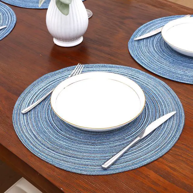 Alt view image 6 of 7 - Round Braided Placemats Set of 6 Circle Place Mats Kitchen Table Mats for Dining Table Wedding Party (Blue Gray, 6)