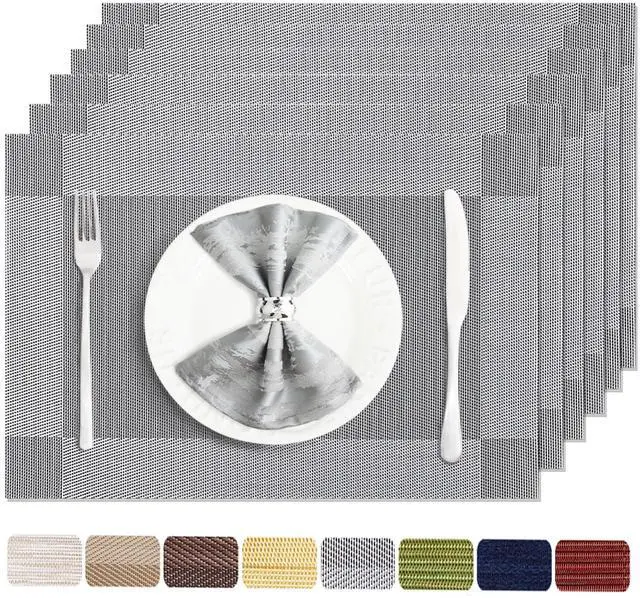 Main image of Silver Grey Vinyl Placemats Set of 6, Heat Resistant Table Placemats | 18x12 inch place mats set of 6,vinyl silver grey table mats, non slip heat resistant washable wipeable dining table placemats