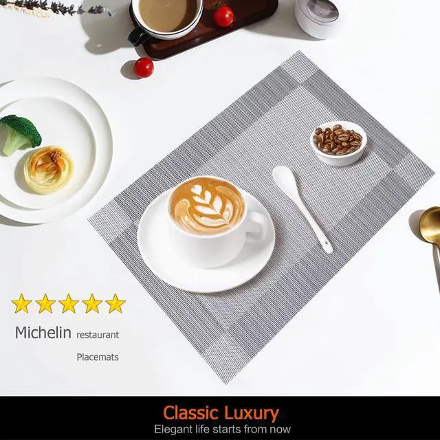 Alt view image 2 of 7 - Silver Grey Vinyl Placemats Set of 6, Heat Resistant Table Placemats | 18x12 inch place mats set of 6,vinyl silver grey table mats, non slip heat resistant washable wipeable dining table placemats