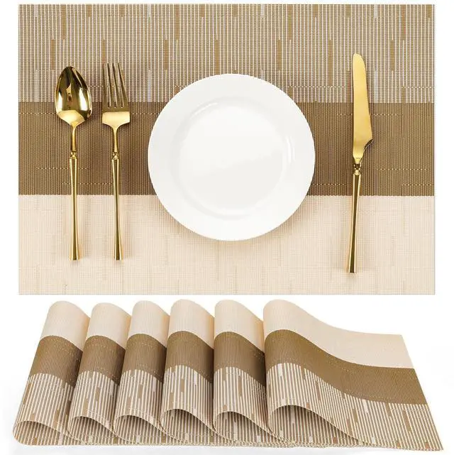 Main image of Placemats Set of 6, Vinyl Woven Heat-Resistant Place Mats | Washable Wipeable PVC Table Mats, Non Slip Placemat for Kitchen Dining Indoor Outdoor Table (Beige Light Brown, Set of 6)