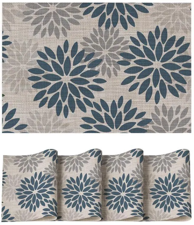 Main image of Floral Vinyl Placemats Set of 4, Heat Resistant Washable Non-Slip Plastic PVC Place Mats for Party Kitchen Dining Decor, Blue Grey