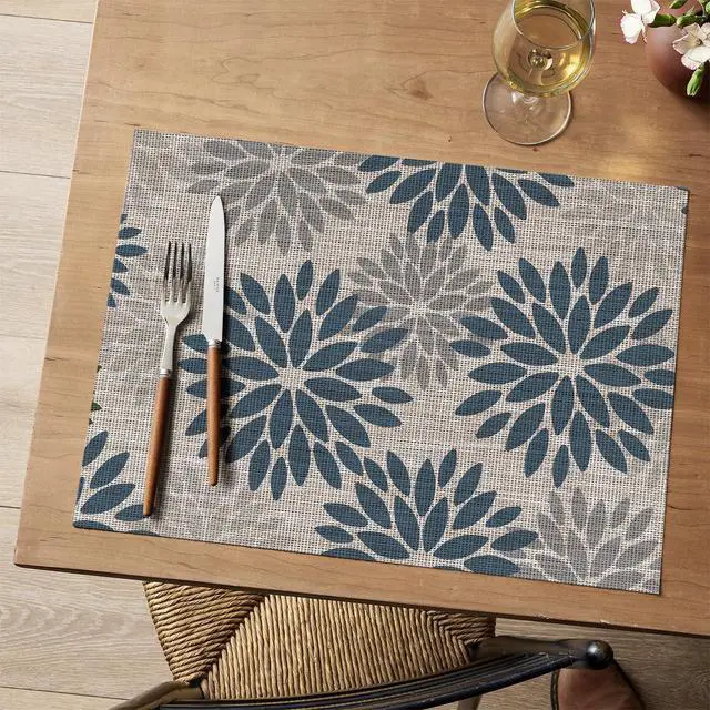 Alt view image 2 of 7 - Floral Vinyl Placemats Set of 4, Heat Resistant Washable Non-Slip Plastic PVC Place Mats for Party Kitchen Dining Decor, Blue Grey