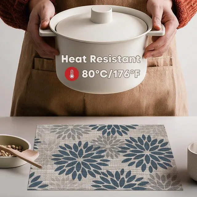 Alt view image 3 of 7 - Floral Vinyl Placemats Set of 4, Heat Resistant Washable Non-Slip Plastic PVC Place Mats for Party Kitchen Dining Decor, Blue Grey