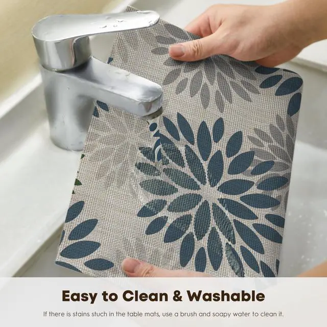 Alt view image 4 of 7 - Floral Vinyl Placemats Set of 4, Heat Resistant Washable Non-Slip Plastic PVC Place Mats for Party Kitchen Dining Decor, Blue Grey