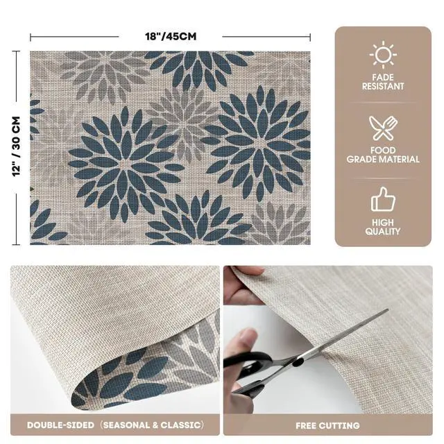 Alt view image 6 of 7 - Floral Vinyl Placemats Set of 4, Heat Resistant Washable Non-Slip Plastic PVC Place Mats for Party Kitchen Dining Decor, Blue Grey