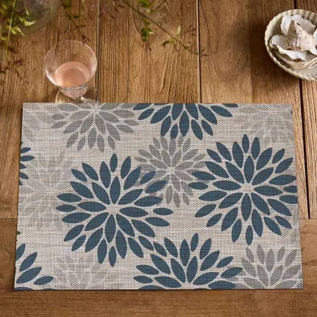 Alt view image 7 of 7 - Floral Vinyl Placemats Set of 4, Heat Resistant Washable Non-Slip Plastic PVC Place Mats for Party Kitchen Dining Decor, Blue Grey