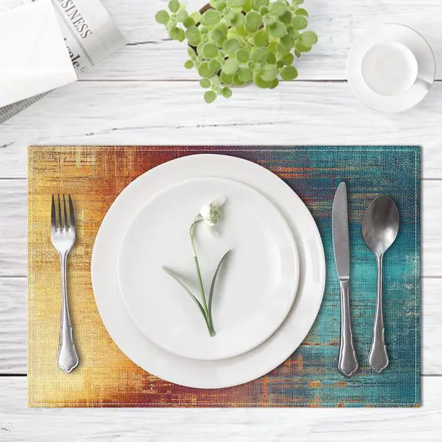 Alt view image 4 of 7 - Farmhouse Placemats Set of 4, 12x18 Inch, Blue and Orange | Abstract Vintage Art Painting Table Mats for Outdoor Home Party Kitchen Dining Decoration