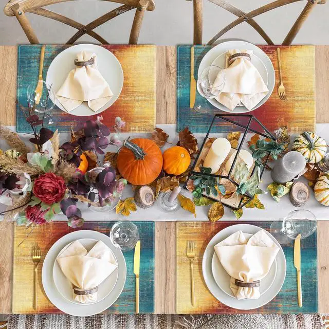 Alt view image 7 of 7 - Farmhouse Placemats Set of 4, 12x18 Inch, Blue and Orange | Abstract Vintage Art Painting Table Mats for Outdoor Home Party Kitchen Dining Decoration