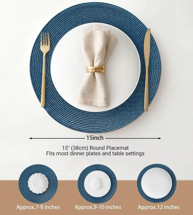 Alt view image 2 of 7 - Round Braided Placemats Set of 6 Table Mats for Dining Tables Woven Washable Non-Slip Place mats 15 in(Blue, 6pcs)