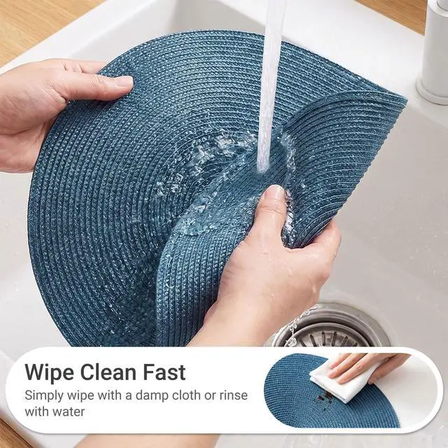 Alt view image 3 of 7 - Round Braided Placemats Set of 6 Table Mats for Dining Tables Woven Washable Non-Slip Place mats 15 in(Blue, 6pcs)