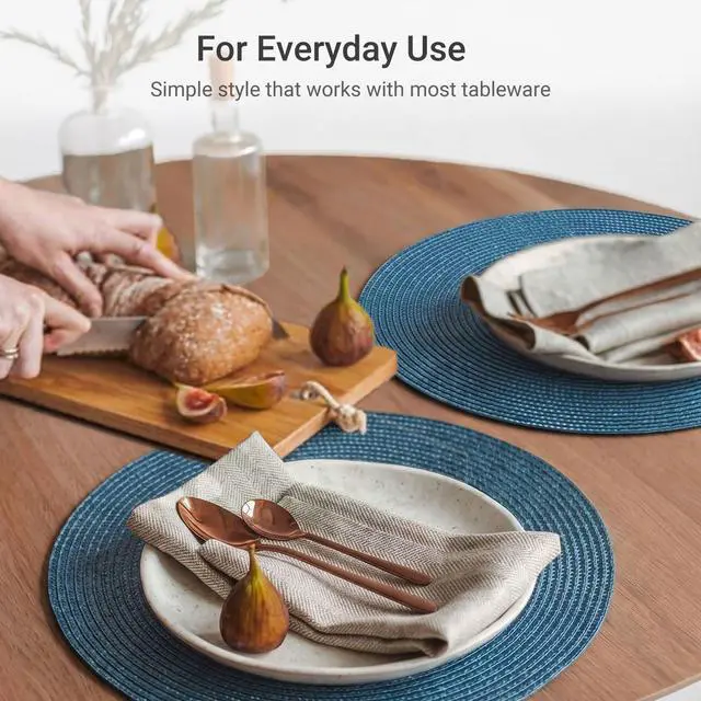Alt view image 5 of 7 - Round Braided Placemats Set of 6 Table Mats for Dining Tables Woven Washable Non-Slip Place mats 15 in(Blue, 6pcs)