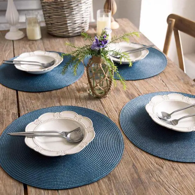 Alt view image 6 of 7 - Round Braided Placemats Set of 6 Table Mats for Dining Tables Woven Washable Non-Slip Place mats 15 in(Blue, 6pcs)