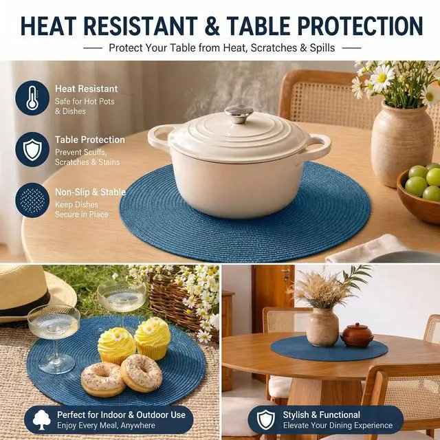 Alt view image 7 of 7 - Round Braided Placemats Set of 6 Table Mats for Dining Tables Woven Washable Non-Slip Place mats 15 in(Blue, 6pcs)