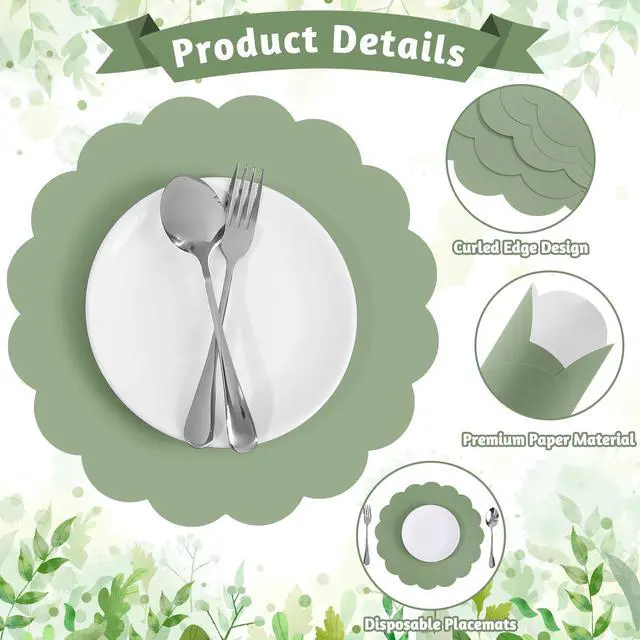 Alt view image 3 of 7 - 60 Pcs Sage Green Paper Placemat, Disposable Scalloped Wedding Placemats | 13.5 Inch Round Table Place Mats, Round Table Place Mats for Birthday Wedding Bridal Shower Baby Shower Banquet Tea Party