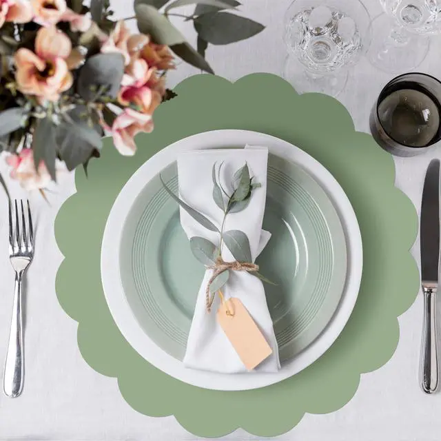 Alt view image 4 of 7 - 60 Pcs Sage Green Paper Placemat, Disposable Scalloped Wedding Placemats | 13.5 Inch Round Table Place Mats, Round Table Place Mats for Birthday Wedding Bridal Shower Baby Shower Banquet Tea Party