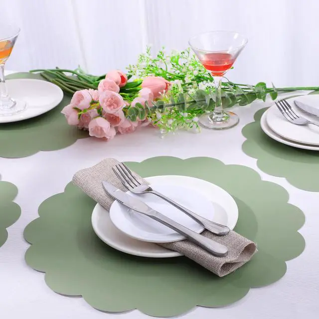 Alt view image 5 of 7 - 60 Pcs Sage Green Paper Placemat, Disposable Scalloped Wedding Placemats | 13.5 Inch Round Table Place Mats, Round Table Place Mats for Birthday Wedding Bridal Shower Baby Shower Banquet Tea Party