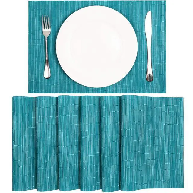 Alt view image 7 of 7 - Woven Vinyl Placemats Set of 6 Wipe Clean Wasahble Place Mats for Dining Table Heat Resistant Non Slip Table Mats (6, Teal Blue)