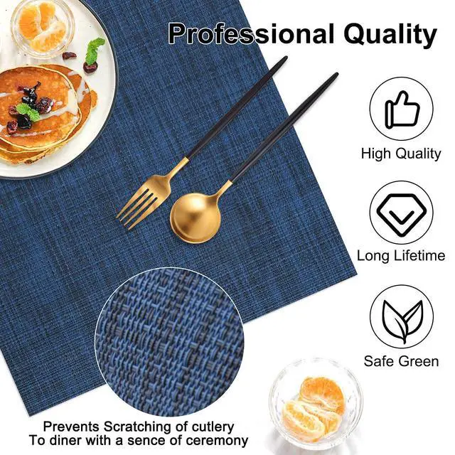Alt view image 6 of 7 - Vinyl Placemats Set of 4, PVC Woven Washable Non-Slip Table Mats, Heat Resistant Wrinkle Free Place Mats for Dining Table, Easy to Clean (4, Navy Blue)
