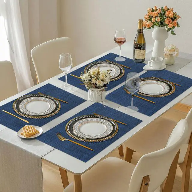 Alt view image 7 of 7 - Vinyl Placemats Set of 4, PVC Woven Washable Non-Slip Table Mats, Heat Resistant Wrinkle Free Place Mats for Dining Table, Easy to Clean (4, Navy Blue)