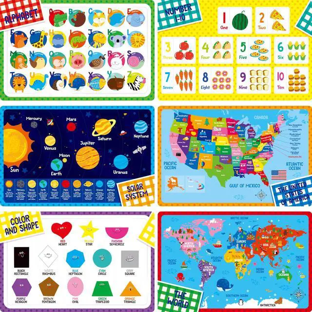 Main image of 6 Pack Placemats for Kids, Non-Slip Washable, Reusable Alphabet, Number, Shape & Color, Universe, Map Themed Educational Placemats for Home, Kindergarten, Classroom, Nursery