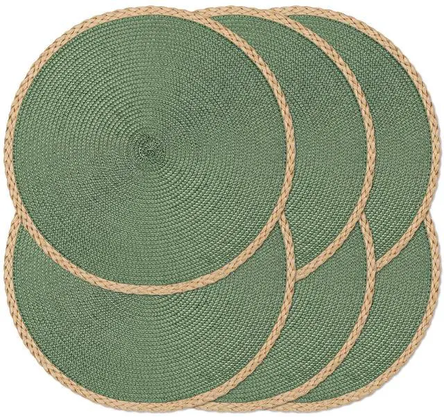 Main image of Round Placemats Set of 6, Woven Table Mats, Thin Edge, Green | Braided Paper Edge, 15 Inch Diameter, Fits Dinner Plate and Flatware, Wipeable, Heat Resistant, Indoor Dining, Outdoor Patio