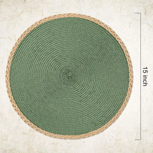 Alt view image 2 of 7 - Round Placemats Set of 6, Woven Table Mats, Thin Edge, Green | Braided Paper Edge, 15 Inch Diameter, Fits Dinner Plate and Flatware, Wipeable, Heat Resistant, Indoor Dining, Outdoor Patio